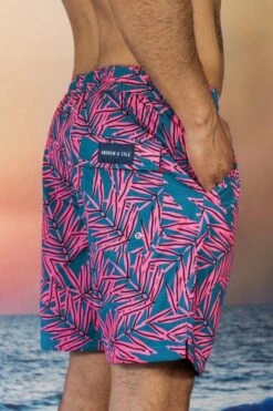Men's Blue Palm Print Swim Trunk Shorts -Swim Luxe Outfit andrew cole apparel accessories clothing swimwear men s blue palm print swim trunk shorts 2023 andrew cole men s designer blue pink palm leaf swim trunks 29361455562850