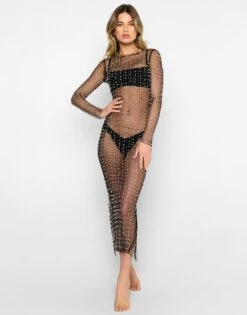 Beach Bunny Black Champagne Nights Mesh Cover-up Dress -Swim Luxe Outfit beach bunny apparel accessories clothing dresses extra small black beach bunny black champagne nights mesh cover up dress 2022 beach bunny black late nights pearl mesh cardigan 287222