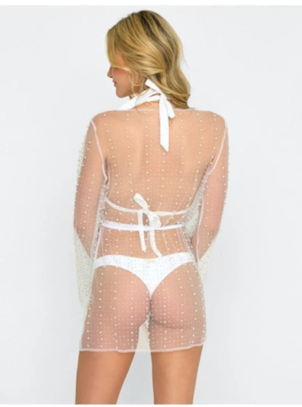 Beach Bunny Swimwear White Girl Gang Pearl Mesh Cover Up Mini Robe 4 Beach Bunny Swimwear White Girl Gang Pearl Mesh Cover Up Mini Robe - Image 2