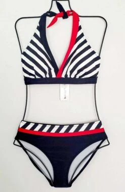 Black/White Stripe W/Red Trim Halter Top/Moderate Bottom -Swim Luxe Outfit jolidon apparel accessories clothing swimwear black white stripe w red trim halter top moderate bottom black white stripe red halter bikini swimwear swimsuit jolidon 2502 280235789190