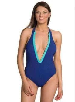 Blue W/ Aqua Trim Deep Plunge One Piece Swimsuit