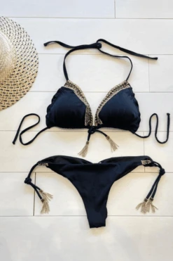 Sexy Black Beaded Triangle Top & Cheeky Tie Side Bikini -Swim Luxe Outfit shyleeq apparel accessories clothing swimwear sexy black beaded triangle top cheeky tie side bikini 2022 sexy shyleeq swimwear black metallic beaded bikini 28545775337570