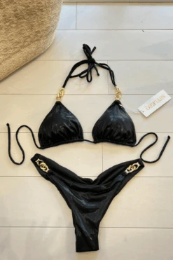 Sexy Black Metallic W/ Gold Chain Triangle Top & Cheeky Bottom Bikini -Swim Luxe Outfit shyleeq apparel accessories clothing swimwear sexy black metallic chain triangle top cheeky chain bikini 2022 sexy shyleeq swimwear black metallic beaded bikini 28545810464866