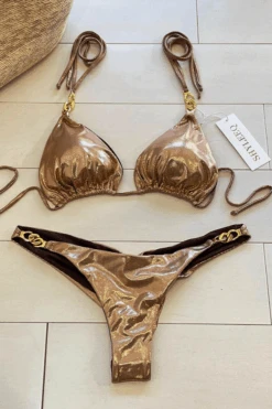 Sexy Gold Metallic W/ Gold Chain Triangle Top & Cheeky Bottom Bikini -Swim Luxe Outfit shyleeq apparel accessories clothing swimwear sexy gold metallic w gold chain triangle top cheeky bottom bikini 2022 sexy shyleeq swimwear gold chain bikini 28545818525794