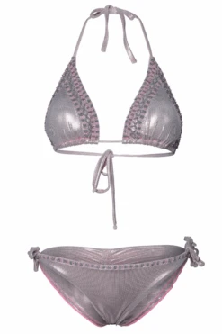 Sexy Pink Metallic Beaded Triangle Top & Cheeky Tie Side Bikini -Swim Luxe Outfit shyleeq apparel accessories clothing swimwear sexy pink metallic beaded triangle top cheeky tie side bikini 2022 sexy shyleeq swimwear blue metallic beaded bikini 28545260978274