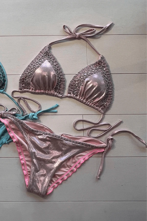 Sexy Pink Metallic Beaded Triangle Top & Cheeky Tie Side Bikini 4 Sexy Pink Metallic Beaded Triangle Top & Cheeky Tie Side Bikini - Image 2