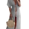 Grey Long Beach Resort Cover Up (Yellow Also Available) -Swim Luxe Outfit sohot swimwear apparel accessories clothing dresses one size grey grey long beach resort cover up yellow also available 2021 yellow grey gray long beach sun dress lace cover up resort