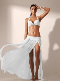 White Elegant Long Sheer Mesh Elastic Waist Long Skirt W/ Slits (Many Colors Available)